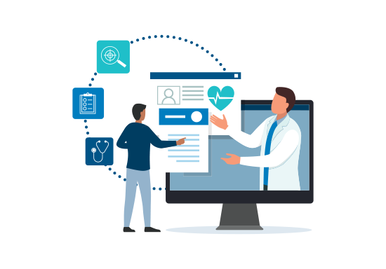 Ilustración de médico a través de telesalud y paciente, con íconos flotantes relacionados con la salud.