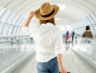A woman in blue jeans, a white blouse, and a brown hat turned around in an airport.